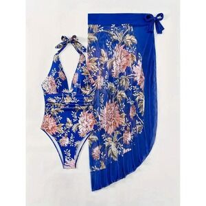 Women's Halter Swimsuit Ruched Tummy XL Plunge Floral Blue & long Sarong Wraps